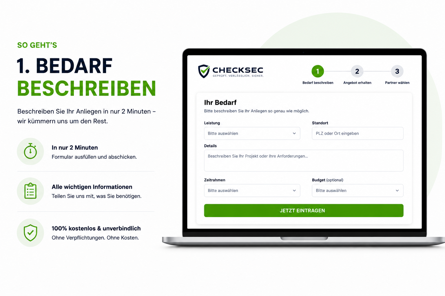 Schritt 1: Bedarf beschreiben &ndash; Anliegen in 2 Minuten im Formular erfassen, kostenlos und unverbindlich